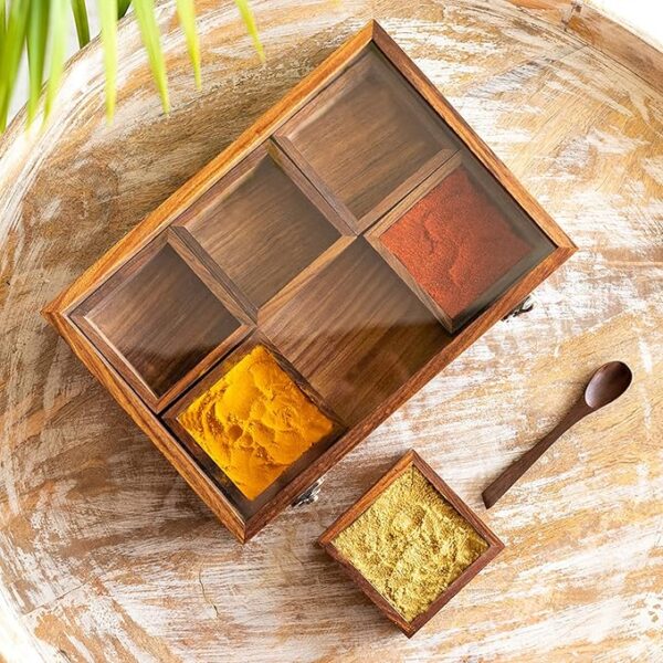 Masalas Blends' Sheesham Wooden Spice Box for Kitchen with Spoon (6 Large Containers, 120 ml, Brown)| Masala Container Spice Box Wooden Namak Dani for Kitchen Masala Box Wooden Dani