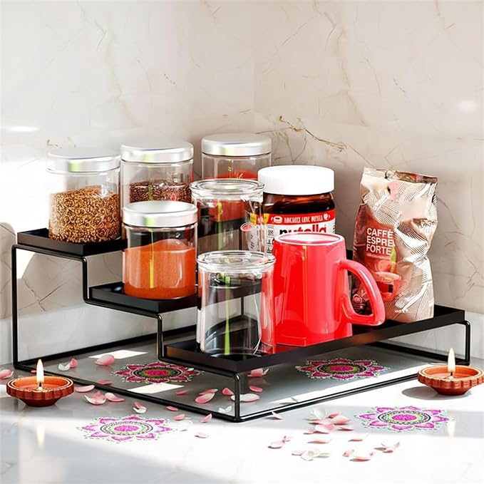 Metal TRIZEN | 3-Step Kitchen Countertop Spice Rack Container Utensil Holder Organizer (Black)