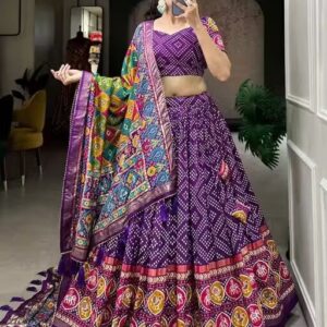 Lizudi Fashion Purple Color Bandhej And Patola Print With Foil Work Tussar Silk Lehnga Choli