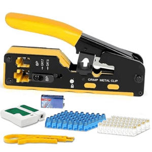 Crimping Tool Kit ? All-in-One Passthrough Ethernet Crimper for Cat5/Cat6/Cat7 ? Includes Network Cable Tester with Battery, 10pc Cat6 Pass-Through Connectors & 10pc Boots(Multicolor)