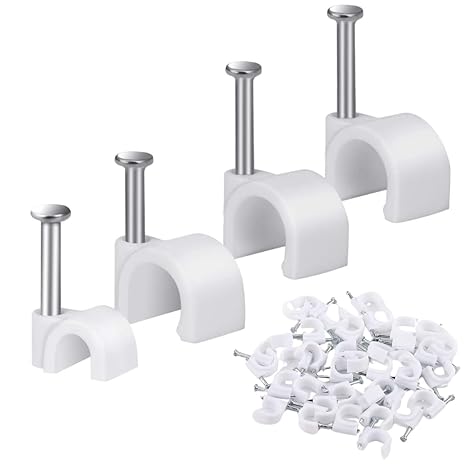 Cable Clips Combo of 400pcs (4mm + 6mm + 8mm +12mm) 100 pcs each Wire Fastener with Metal Nails for Cable Management, Cord Organizer, Round Wire Clamps for Hanging Cables Fitting on wall