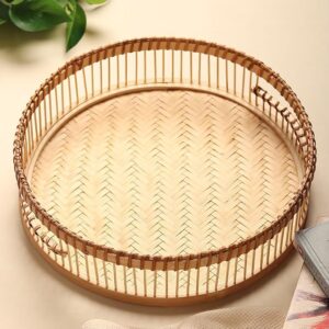 Cultures Fabricating India Serving Trays | Bamboo Organiser | Decorative Plate | Tea Tray | Round Organiser for Decoration, Beige, Small (25 X 4 Cm)