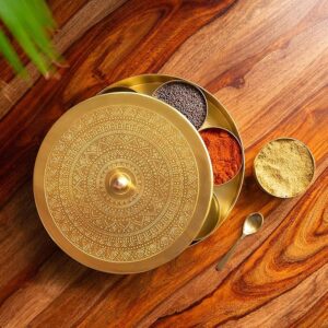 Floral' Brass Spice Box for Kitchen with Spoon (7 Detachable Containers, 100 ml, Gold) | Brass Masala Box for Kitchen Masala Container Masala Dabba Masala Dani Namak Dani