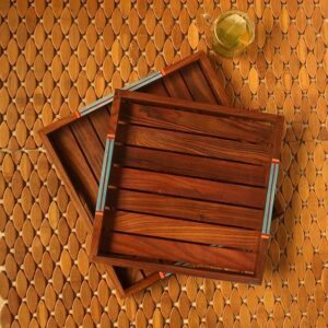 Handpainted Nested Serving Sheesham Wooden Trays (Square, Set of 2)- Serving Trays for Snacks Breakfast Tray Wood Tray for Kitchen Dining Table Decorative Trays for Serving Tea