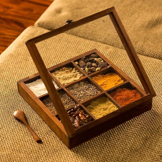 Sheesham Wooden Spice Box with Spoon (Non Removable Partitions, 50 ml, Brown) |Spice Box Wooden Namak Dani for Kitchen Wood Masala Box for Kitchen Wooden Masala Dabba Dani Container