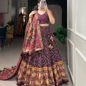 Women's Trending Designeer Tussar Silk Lehenga Choli Print with Foil Work With Unstitched Blouse with Foil Work