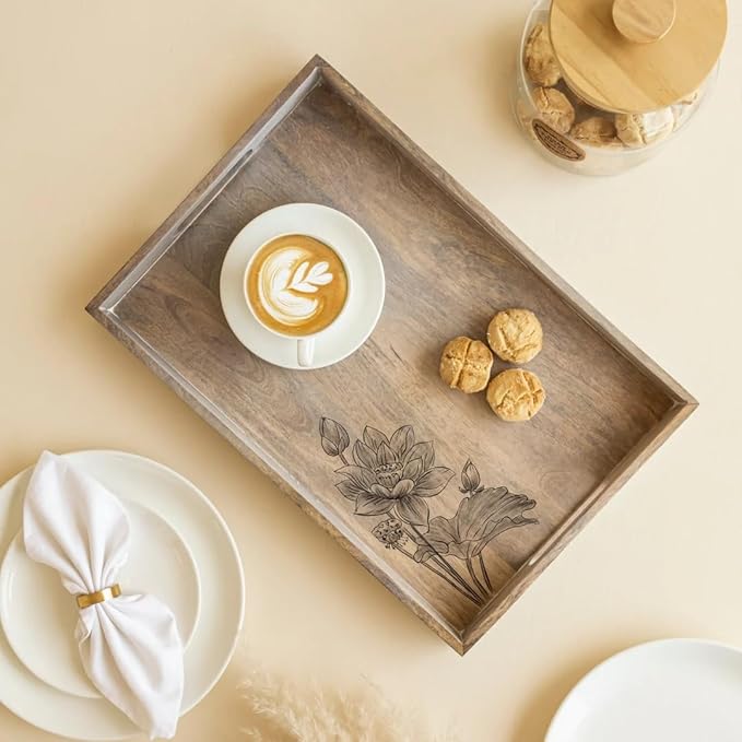 Mango Wood Large Tray | Wooden Handpainted Serving Tray | Snacks Serving Tray for Home Kitchen and Cafe Restaurant (18 x 12 x 1.75 in)