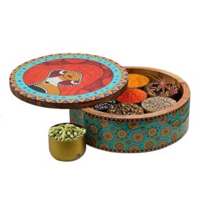 ?Classic? Wooden Spice Box/Masala Dabba/Masala Dani Set for Kitchen with Printed Ethnic Design on Wood with Seven Gold Steel Spice Jars ? 8 Pcs set (9 inch Dia, Red)