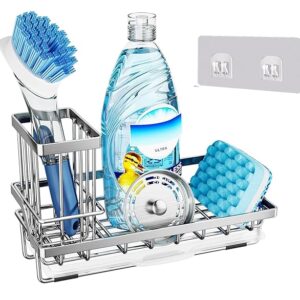 Organizer with Brush & Sponge Holder Cup, Drain Tray I Stainless Steel Soap Dispenser I Countertop or Adhesive Wall Mounting Holder for Kitchen Sinks Dishes Knives Spoons (Silver)