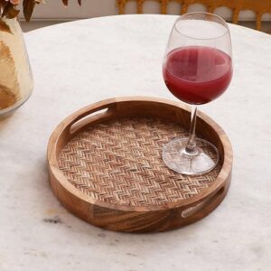 Hand Crafted Acacia Wood Large Round Tray|Chatai Tray|Breakfast Serving Trays Dining Table Home Decoration Wooden Tray Handmade Multipurpose Serving Tray(12 Inch)| Round Wooden Tray