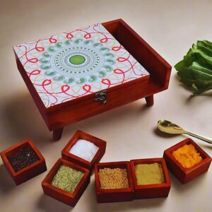 Mandala Wooden Spice Box in 9 partitions with Legs, Masala Box for Kitchen, Spice Storage Box with Printed Top for Kitchen, Masala Spices Storage Containers, 1 Pc - Mandala