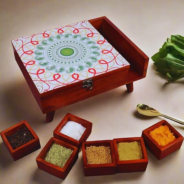 Mandala Wooden Spice Box in 9 partitions with Legs, Masala Box for Kitchen, Spice Storage Box with Printed Top for Kitchen, Masala Spices Storage Containers, 1 Pc - Mandala