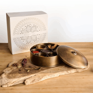 Brass Spice Box for Kitchen with Spoon (Pure Brass, 7 Detachable containers, 100 ML) | Masala box for Kitchen | Spice Storage Container | Stylish Masala Dani for gift