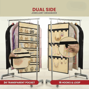 Double-Sided Hanging Jewelry Organizer with 24 Clear PVC Pockets & 10 Hook Loops | Space-Saving Jewelry Storage Hanger for Necklaces, Bracelets, Rings & Earrings