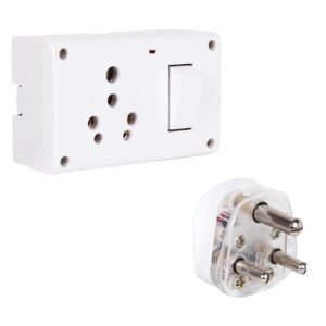 Switch - Socket Combined Box 16 AMP With Indicator - Polycarbonate Qty - 1 (White) + MICA 3 Pin Plug 16 AMP Fusion With Indicator - Polycarbonate Qty - 1 (White)