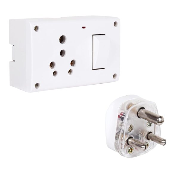 Switch - Socket Combined Box 16 AMP With Indicator - Polycarbonate Qty - 1 (White) + MICA 3 Pin Plug 16 AMP Fusion With Indicator - Polycarbonate Qty - 1 (White)
