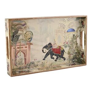 Serving Tray with Gold Engraving | Set of 1 | Size : 16x10 inch Enamel Coated Waterproof | Rectangular| Decorative Trays (Large Royal Elephant)