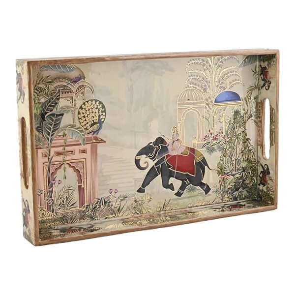 Serving Tray with Gold Engraving | Set of 1 | Size : 16x10 inch Enamel Coated Waterproof | Rectangular| Decorative Trays (Large Royal Elephant)