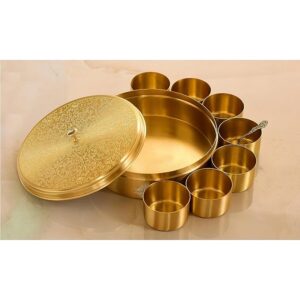 Brass Handmade Masala Box Dabba Spice Container With Embossed Lid 7 Compartments, Diameter 7.2" Inch, Gold