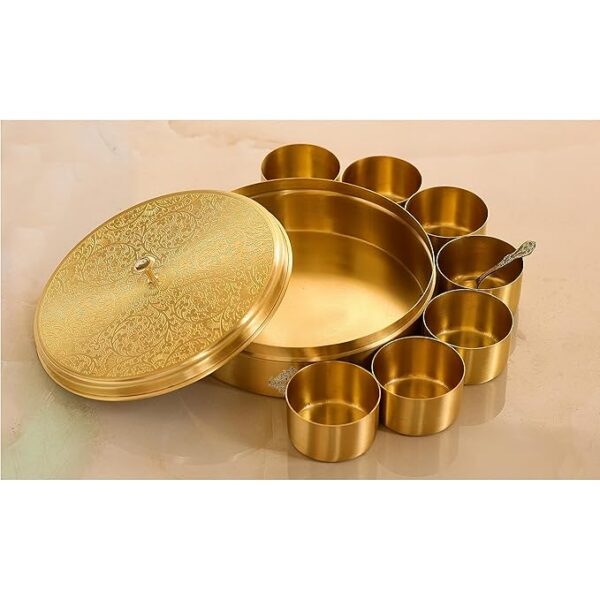 Brass Handmade Masala Box Dabba Spice Container With Embossed Lid 7 Compartments, Diameter 7.2" Inch, Gold