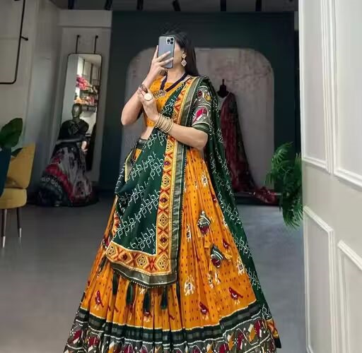 YELLOW Floral And Patola Print With Foil Work Tussar Silk Lehenga Choli