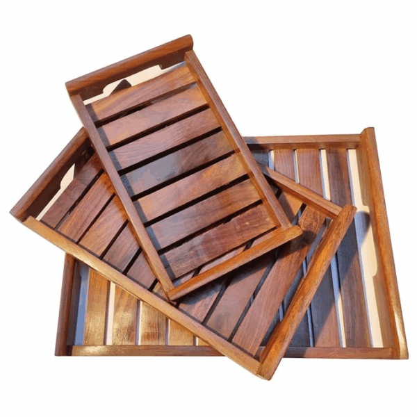 Wooden Serving Trays Modern Style With Cutout Handle Large, Medium And Small For Food, Wooden Trays For Breakfast - Natural Wood And Brown (Set of 3) Rectangular