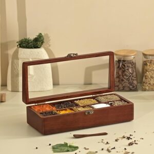 Handcrafted Wooden Prism Masala Box with Wooden Spoon | 9-Compartment Spice Box Organizer with Acrylic Lid | Masala Dani Namak Dani Dabba | Masala's Container Popula Dabba
