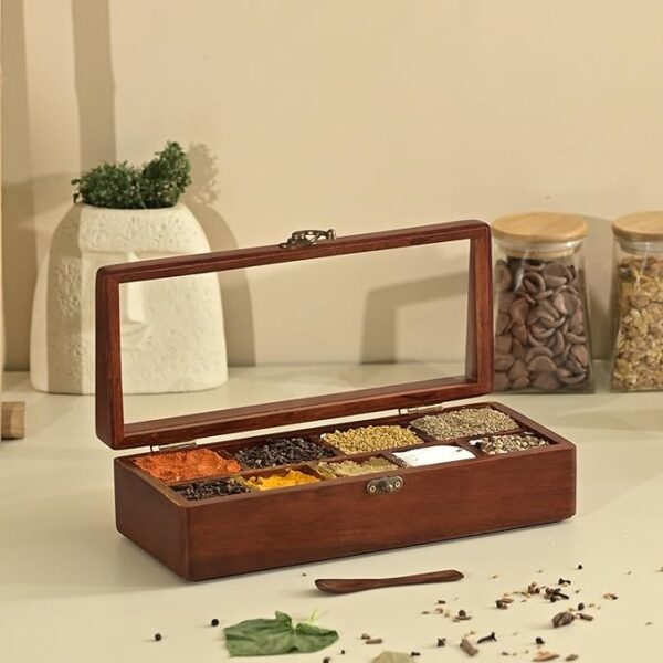 Handcrafted Wooden Prism Masala Box with Wooden Spoon | 9-Compartment Spice Box Organizer with Acrylic Lid | Masala Dani Namak Dani Dabba | Masala's Container Popula Dabba