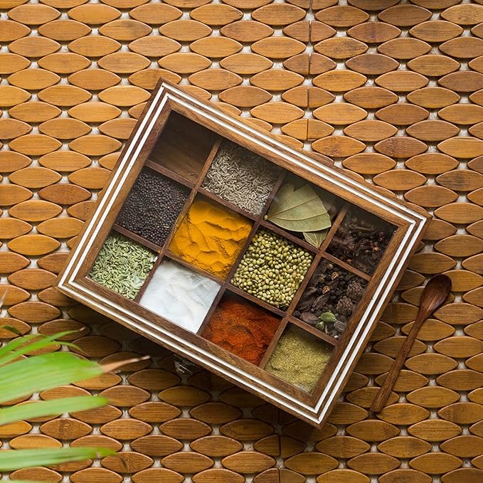 Wooden Spice Box for Kitchen with Spoon (12 Partitions, Non Detachable, 90 ml, Brown) | Masala Container Spice Box Wooden Namak Dani for Kitchen Masala Box Wooden Dani