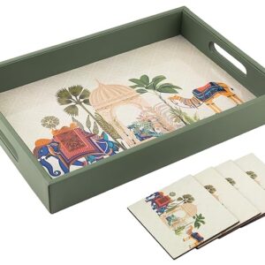 Wooden Tray for Serving-Free 4 Coasters-10 Inch X 15 Inch-Serving Tray-Tray Set for Decoration-Tea Trays-Big Coffee Tray-Premium MDF Trey-Wooden Serving Trays-Resin Tray,Rectangular