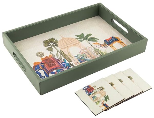 Wooden Tray for Serving-Free 4 Coasters-10 Inch X 15 Inch-Serving Tray-Tray Set for Decoration-Tea Trays-Big Coffee Tray-Premium MDF Trey-Wooden Serving Trays-Resin Tray,Rectangular