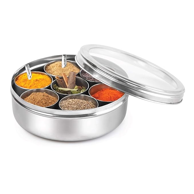 Stainless Steel Masala Dabba/Spice Box with See Through Lid, 7 Containers and 2 Small Spoons, (150mlx7), Silver, Large