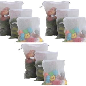 Set of 9 Reusable Fridge Storage Bags for Vegetables and Fruits with Zipper Dual Layer Mesh Net Multipurpose Multi-Size Kitchen Storage Bags Organizer (White)