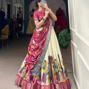 Lehenga Choli | Tussar Silk With Print with Foil Work With Solid And Unstitched Blouse Lehenga Choli With Dupatta
