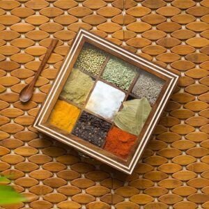 Wooden Spice Box for Kitchen with Spoon (9 Compartments; Non-Detachable, 80 ml, Brown & White) Masala Container Spice Box Wooden Namak Dani for Kitchen Masala Box Wooden Dani