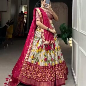 Women's Tussar Silk Fabric With Bandhni & Patola Print And Foil Work Lehenga Choli For Womens And Girls Canvas and attached with Can Can