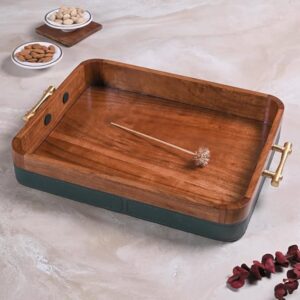 Wooden Serving Tray with Stylish Handles ? 15 Inch Rectangular Wooden Tray for Coffee Table, Kitchen, Breakfast & Home Decor | Multipurpose Organizer & Gift (Leather Fabric Accent)