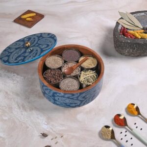 Masala Box for Kitchen ? 7 Stainless Steel Jars with Wooden Spoon | Stainless Steel Brass Lid with Knob | Multipurpose Dry Fruit & Spice Storage - Blue (Printed)