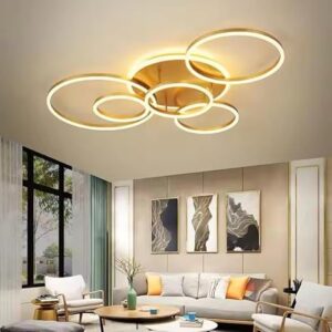 Modern LED Ceiling Light Fixture, 5-Ring Design, Warm White, Living Room Chandelier (5 Ring Gold)