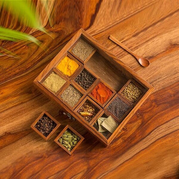 Twelve Blends' Sheesham Wooden Spice Box for Kitchen with 12 Containers & Spoon (45 ml, Brown) | Masala Container Dabba Spice Box Wooden Namak Dani for Kitchen Wooden Masala Dani Box