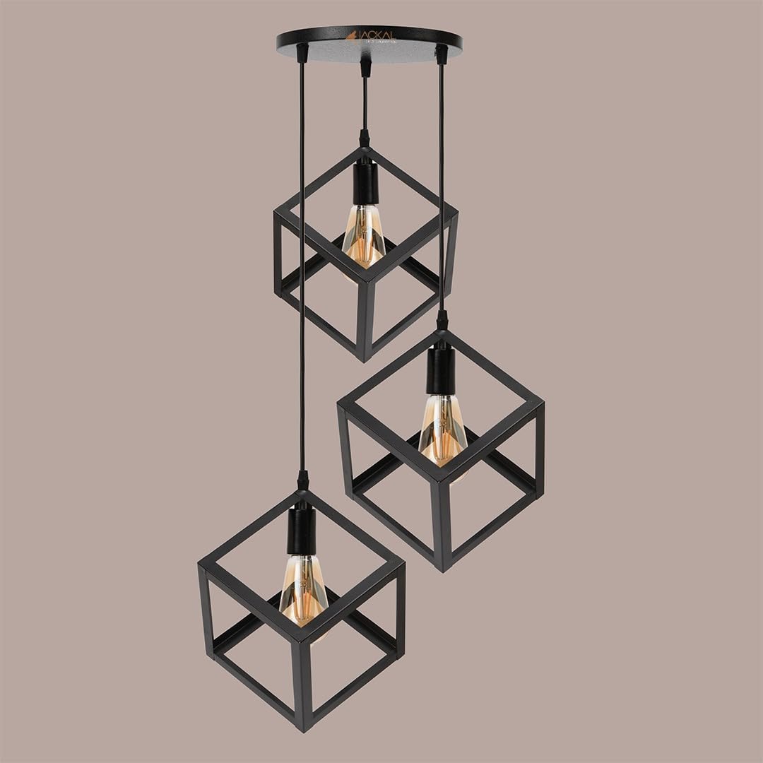 Jackal 3 Set Cube Shape Pendant Light | Hanging Ceiling Light with Braided Cord | Decorative Chandelier for Home, Living Room, Indoor, Outdoor & Bar | Jhumar Lighting (Black) - Without Bulb