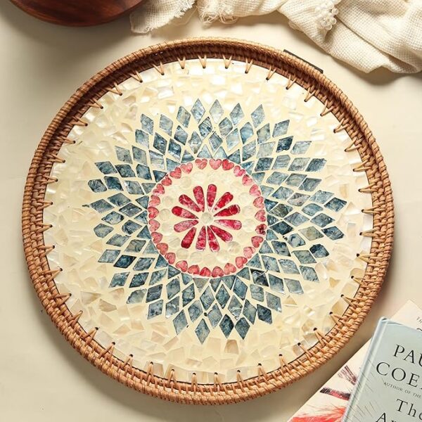 Cultures Fabricating India Decorative Serving & Organising Trays | Gift Hamper | Wooden Serving Tray | Round Shape Rattan Tray - Small (Dia30 x H4 cm)