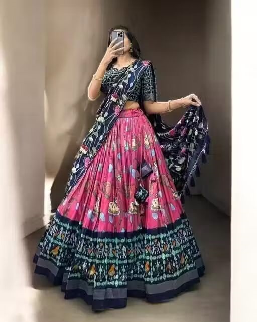 Women's Collection Dolla Silk Lehenga Choli Patola Print with Foil Work With Unstitched Blouse