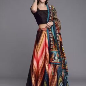 Shiny Pure Satin Silk Printed Lehenga+lahanga+ghaghara+chaniya Choli for Party/marrige Wear with Cancan & Canvas - Semi-Stitched