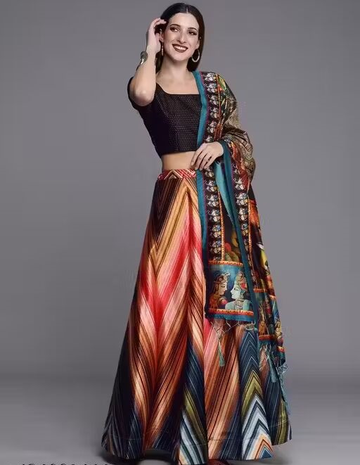 Shiny Pure Satin Silk Printed Lehenga+lahanga+ghaghara+chaniya Choli for Party/marrige Wear with Cancan & Canvas - Semi-Stitched