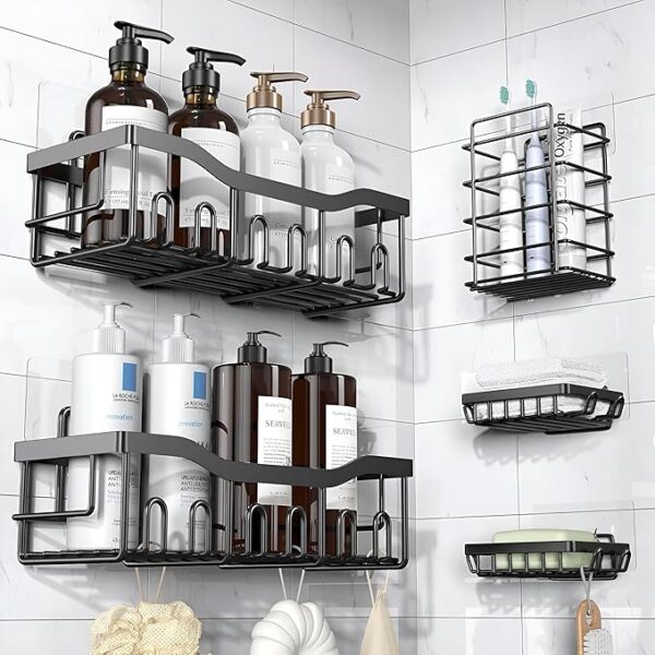5 in 1 Rustproof Stainless Steel Self Adhesive Bathroom Shelf for Wall, Soap Dish with Toothbrush Holder, Racks and Shelves for Wall, Bathroom Organizer Without Drill, Black