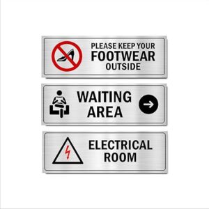 Waiting Area, Keep footwear outside combo Acrylic Sign Board Silver color for Hospitals 12 x 4 Inches Pack of 3|Mindcraftz