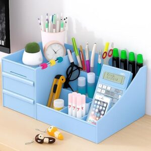 Desk Organizer, Plastic Desktop Organizer with Pencil Holder and Sticky Note Tray, Office Stationery Supplies Organizers Accessories Caddy, 7 Compartments with 2 Drawer (Blue)