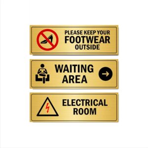Waiting Area, Keep footwear outside combo Acrylic Sign Board Gold color for Hospitals 12 x 4 Inches Pack of 3|Mindcraftz