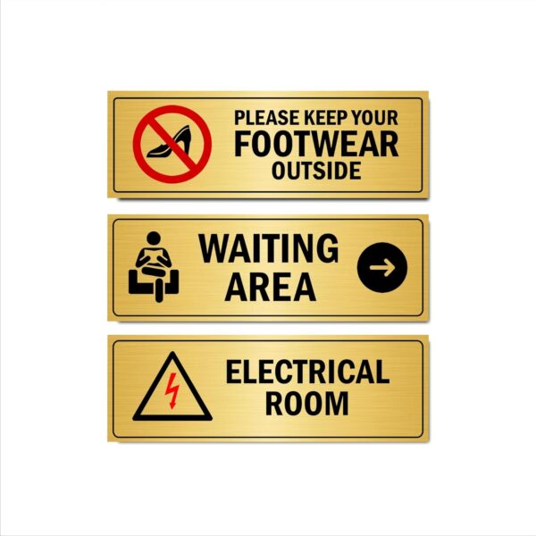 Waiting Area, Keep footwear outside combo Acrylic Sign Board Gold color for Hospitals 12 x 4 Inches Pack of 3|Mindcraftz